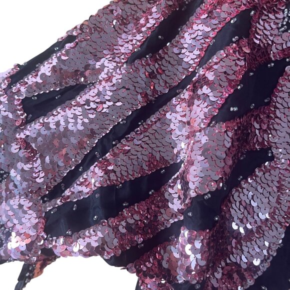 Vintage Womens Top Size 44 Pink Handmade Beaded Sequin Flame Pattern Pure Silk - Picture 11 of 13